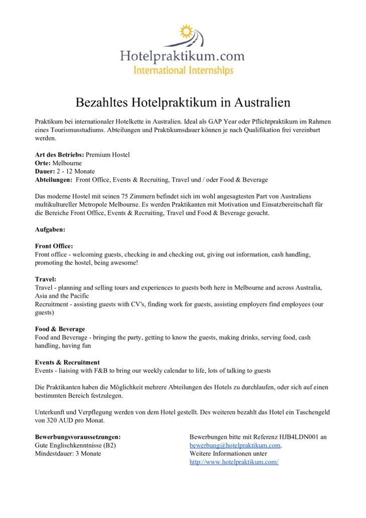 Australien: Praktikum in verschiedenen Bereichen der Hotellerie